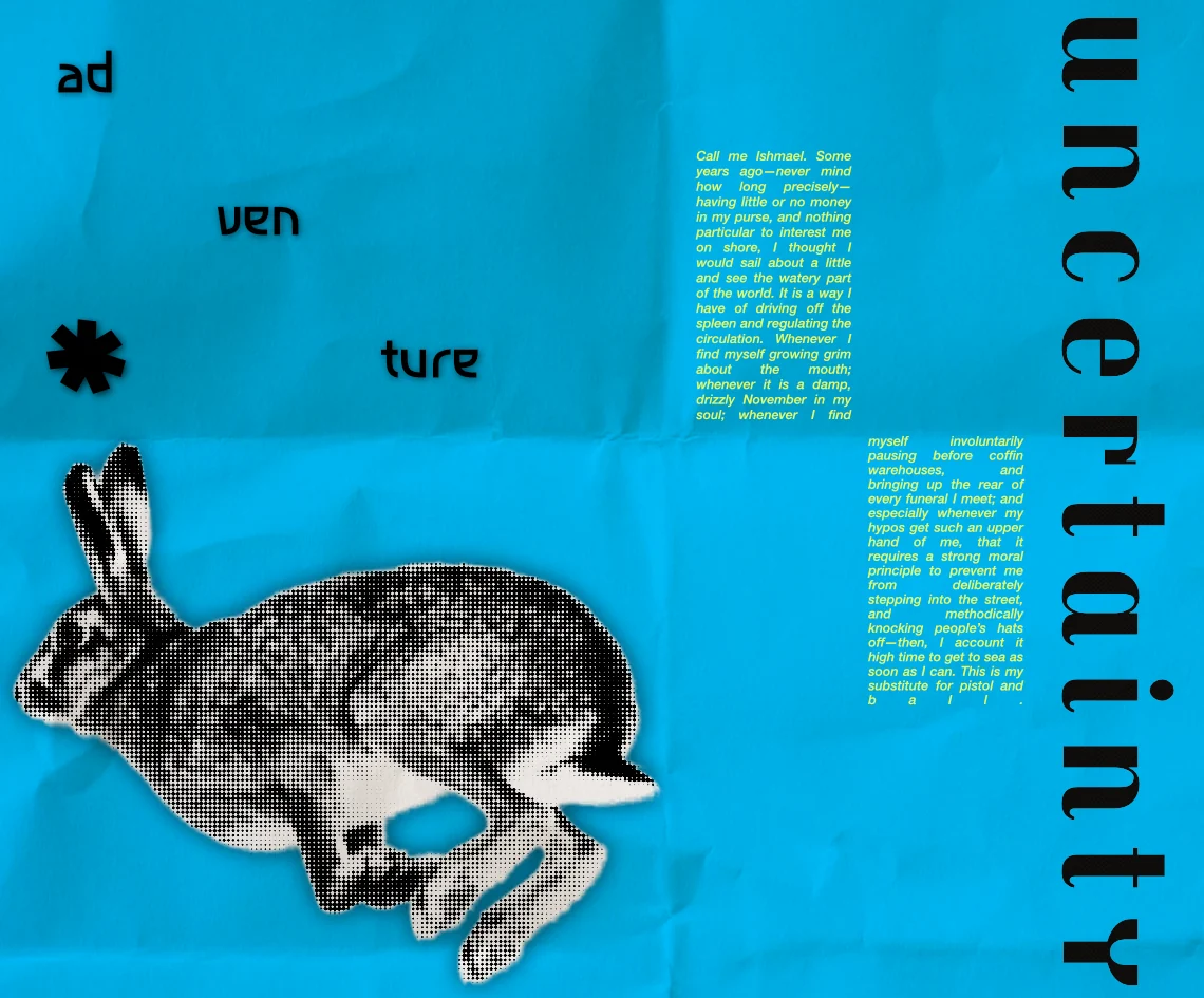 Poster: a halftone hare mid-leap on creased blue paper, with the word adventure split into three parts and uncertainty set vertically
