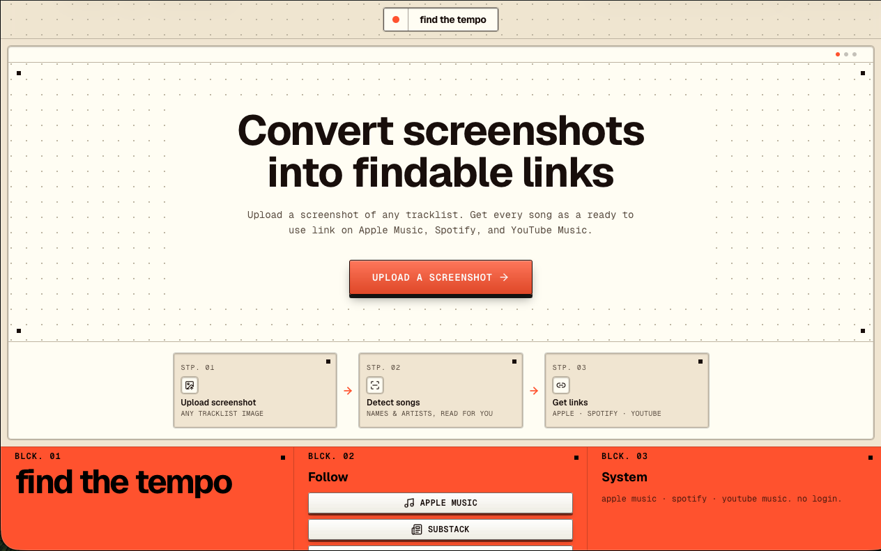 Find the Tempo - convert screenshots into findable links